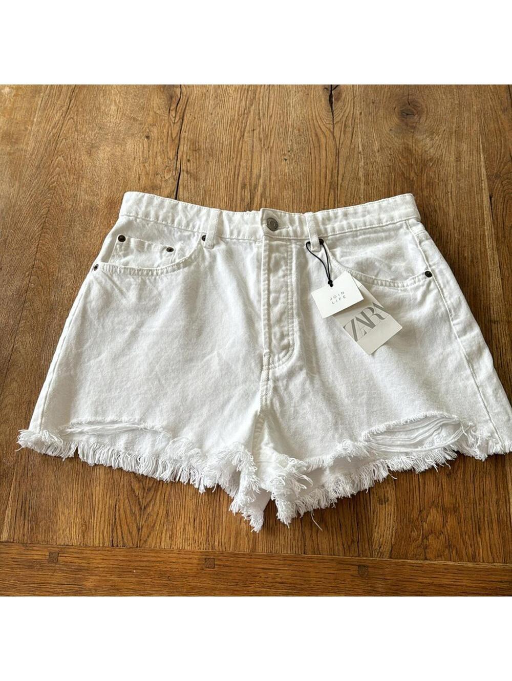Zara White Button Fly Frayed Hem Denim Jean Shorts Women's 12